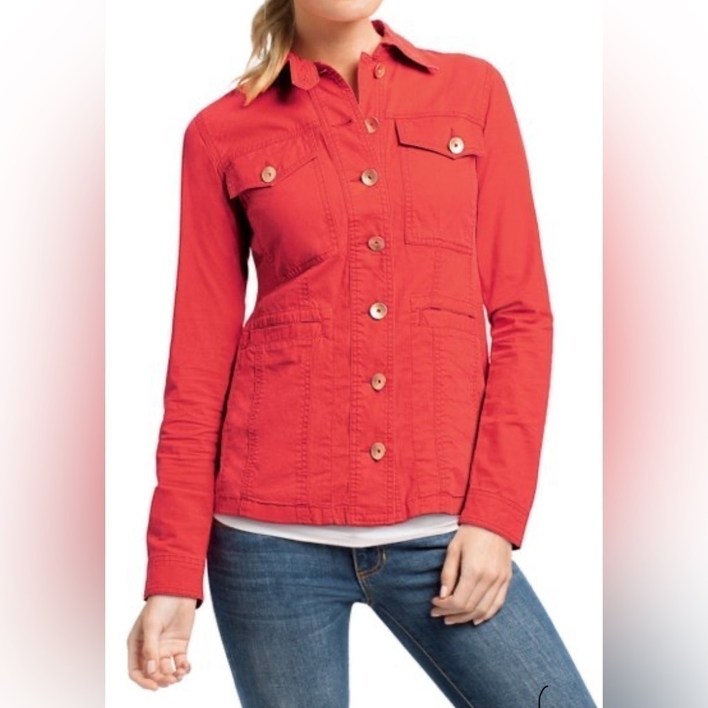 Cabi Taylor Button Down Ruffle Vintage Lobster Orange Red 727 Jacket Size Small
